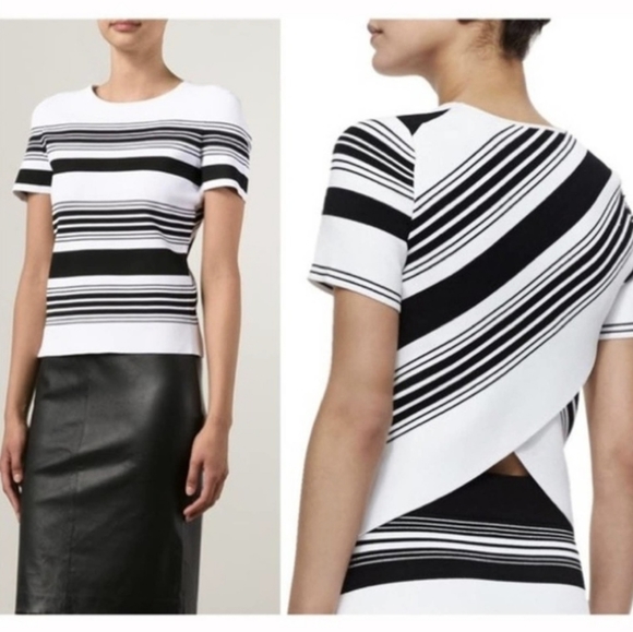 A.L.C. | Bonnie Heavyweight Knit Striped Crossover Back Short Sleeve Top - Picture 1 of 13
